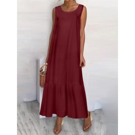 Casual Solid Color Ruffled Hem O-neck Pleated Long Maxi Tiered Dress