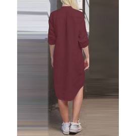 Women Solid Stand Collar Shirt Dress With Sleeve Tabs