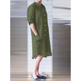 Women Solid Stand Collar Shirt Dress With Sleeve Tabs