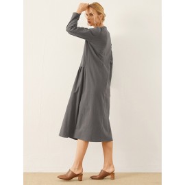 Solid Frog Button Notch Neck Long Sleeve Casual Dress