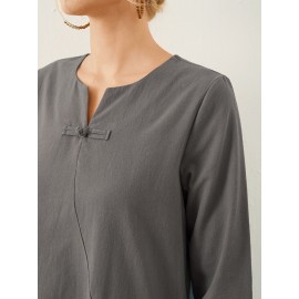 Solid Frog Button Notch Neck Long Sleeve Casual Dress