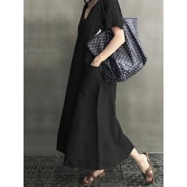 Vintage Short Sleeve V Neck Pockets Dress