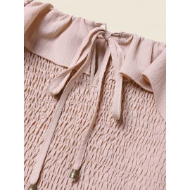 Solid Shirred Tie Front Long Sleeve Square Collar Dress