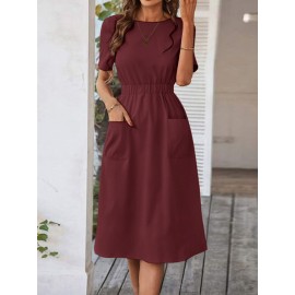 Women Solid Double Pocket Casual Short Sleeve Dress