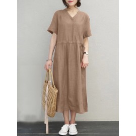 Women Solid Notched Neck Drawstring Waist Short Sleeve Dress