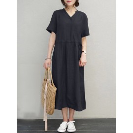 Women Solid Notched Neck Drawstring Waist Short Sleeve Dress
