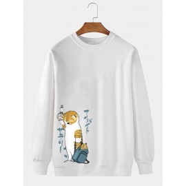Mens Cute Cat Side Print Crew Neck Pullover Sweatshirts