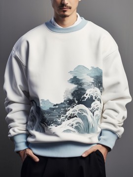 Mens Japanese Wave Ukiyoe Print Crew Neck Pullover Sweatshirts