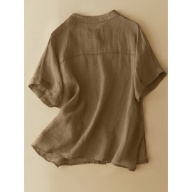 Women Solid Stand Collar Button Up Cotton Short Sleeve Shirt