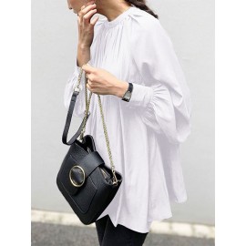 Solid Color Puff Sleeve Stand Collar Blouse