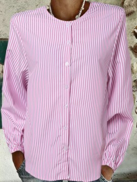 Women Pinstripe Crew Neck Casual 3/4 Sleeve Shirt