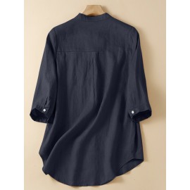 Women Plain Stand Collar Chest Pocket Cotton 3/4 Sleeve Shirt