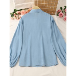 Women Solid Lapel Flap Pocket Long Sleeve Denim Shirt
