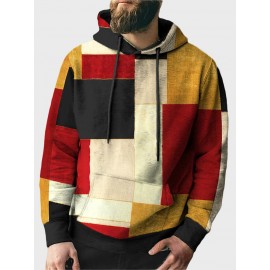 Mens Color Block Kangaroo Pocket Loose Drawstring Hoodies Winter
